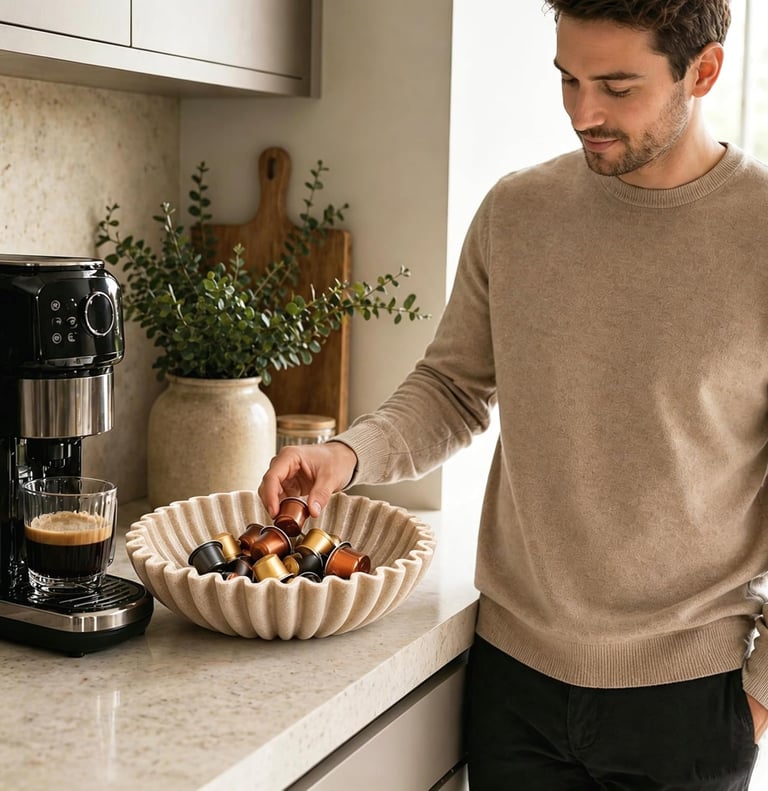 A man picking a coffee capsule from a decorative fluted bowl next to an espresso machine.