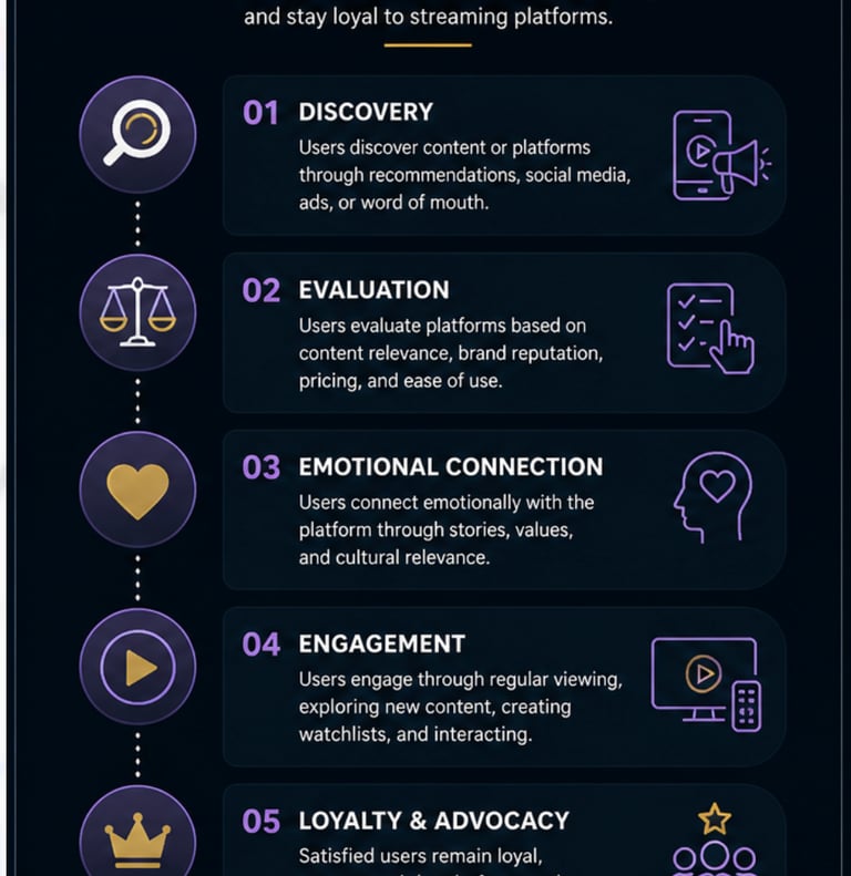 The Consumer Journey in Streaming Platforms - five stages from Discovery, Evaluation, Emotional Connection, Engagement to Loyalty & Advocacy showing how UK audiences engage with streaming services