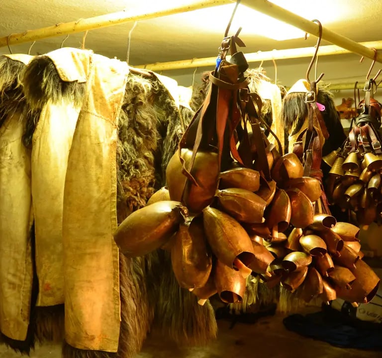 Mamuthones traditional costumes and cowbells in Mamoiada, Sardinia carnival masks