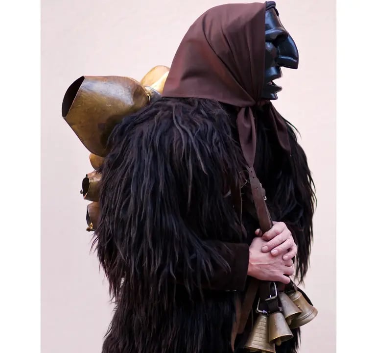 Mamuthones mask and costume from Mamoiada, traditional Sardinian carnival figure with bells