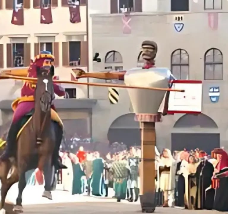 Knight on horseback charging with lance during Giostra del Saracino in Arezzo Tuscany