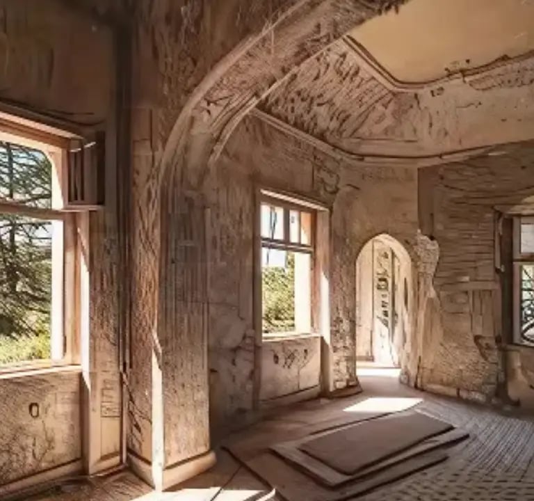 Abandoned Villa De Vecchi, the haunted red mansion of Lake Como, with ivy-covered arches and decayin