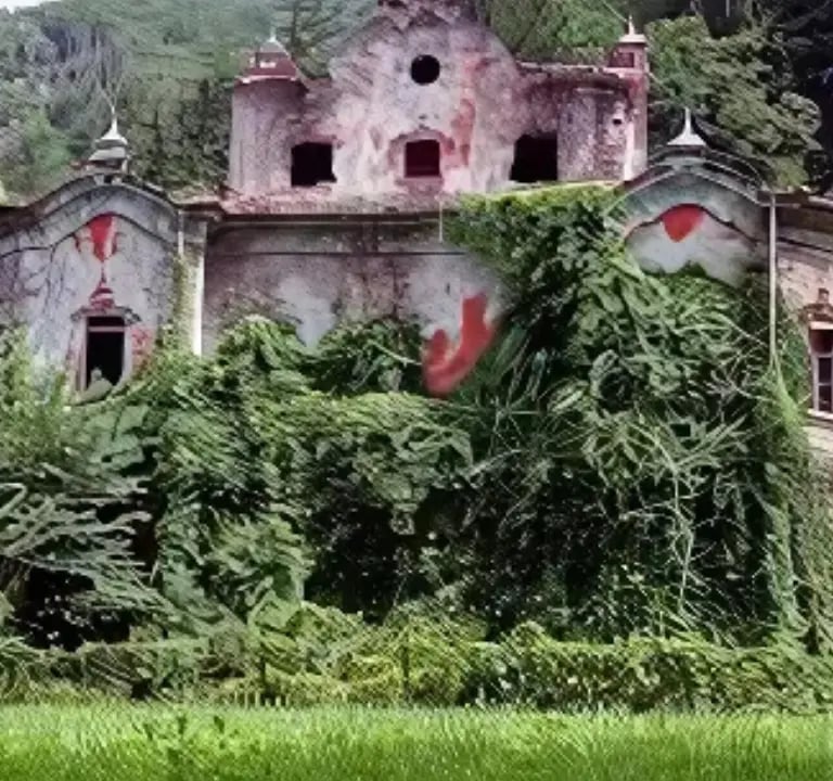 Abandoned Villa De Vecchi, the haunted red mansion of Lake Como, with ivy-covered arches and decayin