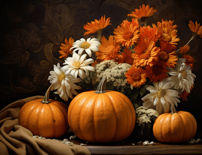 a bunch of flowers and pumpkins in a vase