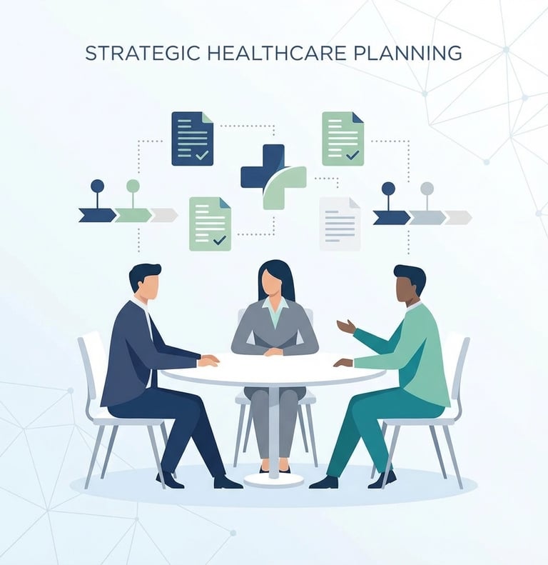 Strategic business meeting between home health agency owners and advisors reviewing payer mix optimi