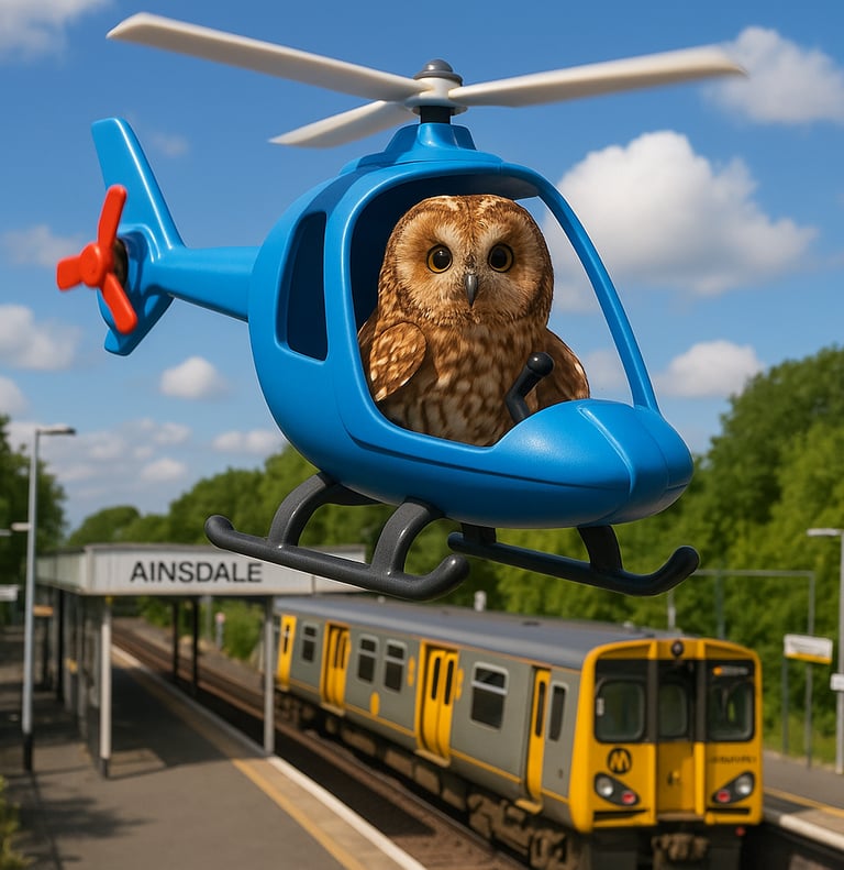 owl flying a helicopter over a mersyrail train