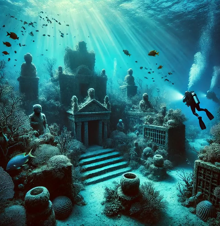 a scuba diver in a coral reef with a scuba diver