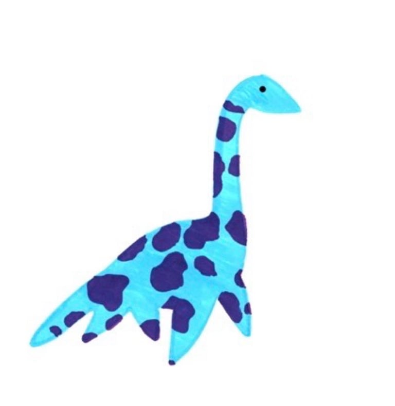 Bessie - a lake monster mascot - turquoise with purple spots
