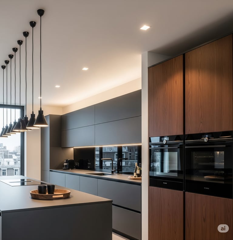  cozinha com móveis planejados, luminarias, que a paleta de cores tenha cinza, preto e marrom