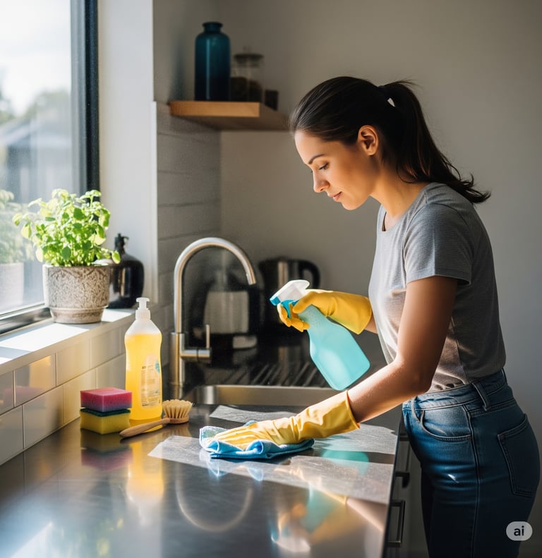 mulher fazendo faxina na cozinha
