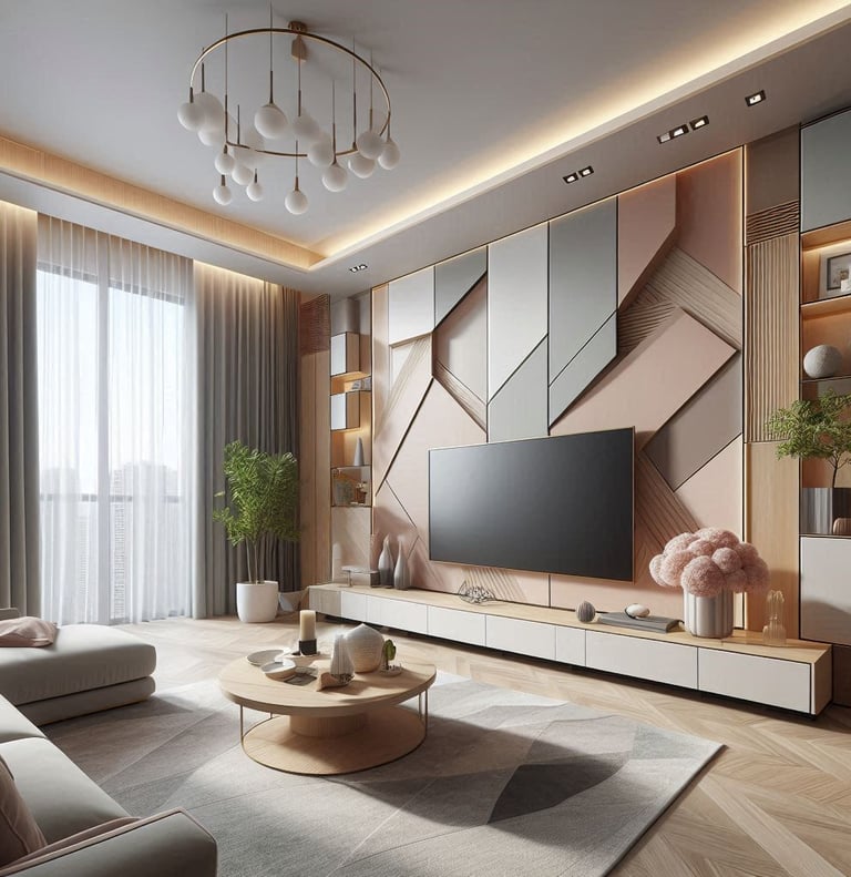 SALA DE TV MODERNA COM PAPEL DE PAREDE COMBINANDO COM AS CORES DA SALA TONS CLAROS