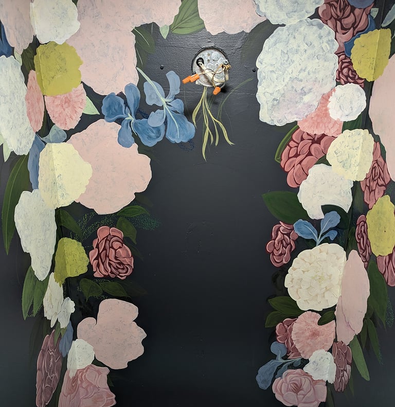 Adding details to peonies, flower, foliage and leaves building up a wall mural.