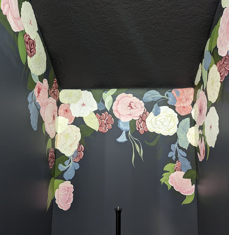 Adding details to peonies, flower, foliage and leaves building up a wall mural. Wall 3.