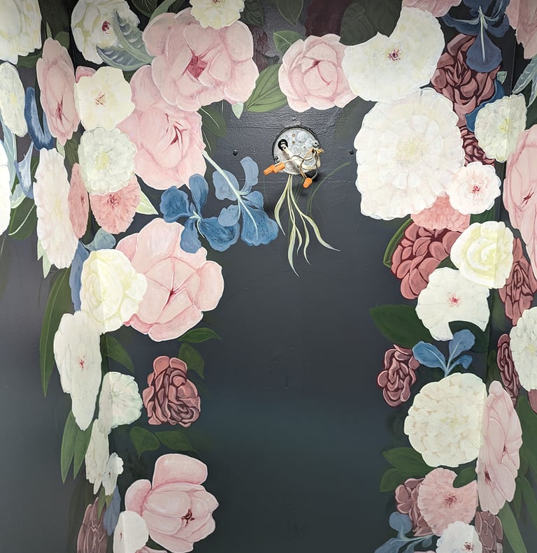 Adding details to peonies, flower, foliage and leaves building up a wall mural. Wall 1.
