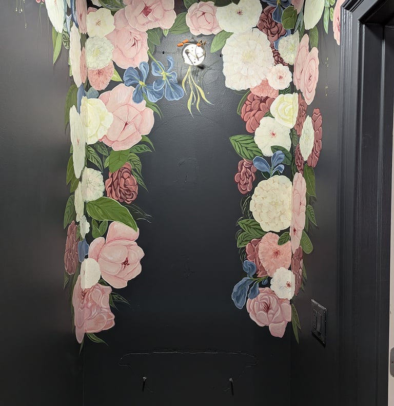Peonies, flower, foliage and leaves half bath wall mural. Wall 1 finished.