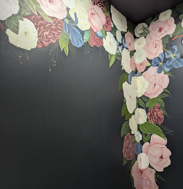 Peonies, flower, foliage and leaves half bath wall mural. Wall 2 finished.