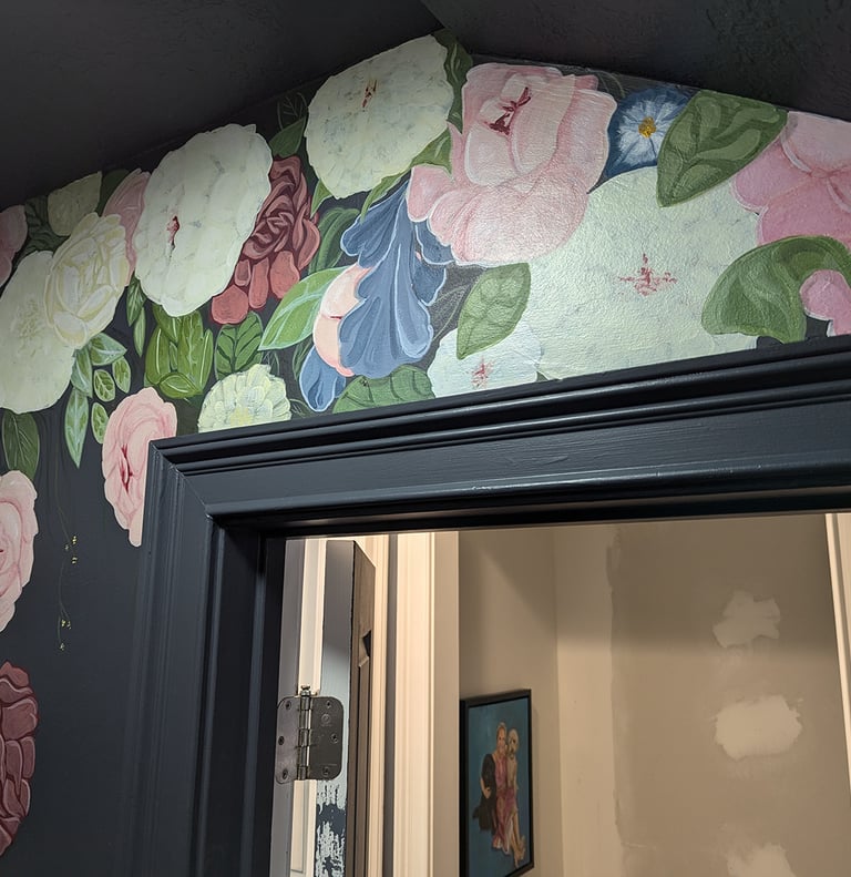 Peonies, flower, foliage and leaves half bath wall mural. Wall 2 finished.