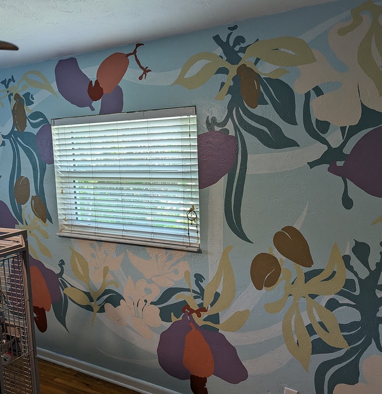 Using bright contrasting color shapes for a bright stylist interior wall mural.