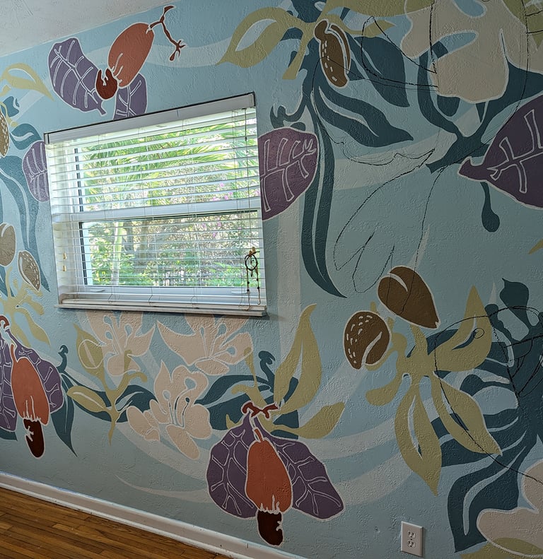 Using rim light painting technique to contrast bright bold colorful shapes in a stylish interior wall mural.