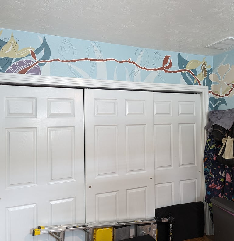 Using bright contrasting color shapes for a bright stylist interior wall mural.