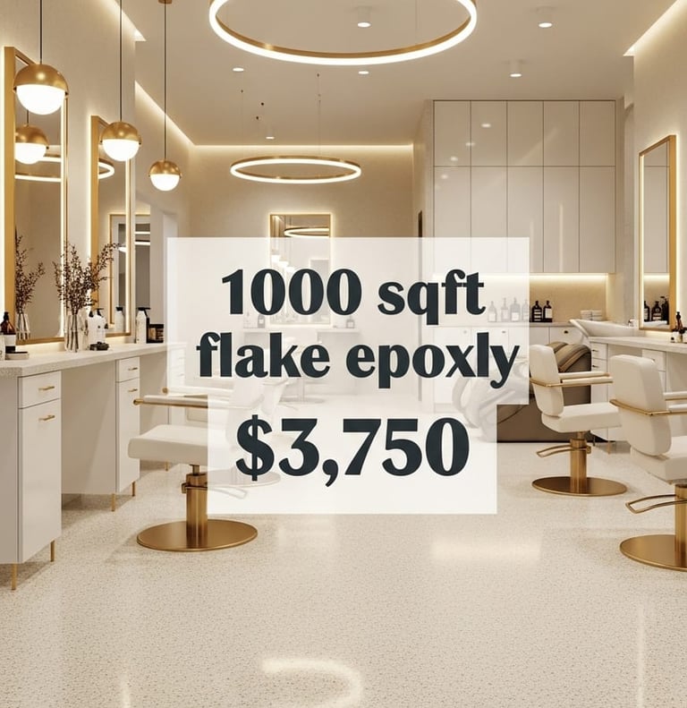 Promotion for luxury hair salons featuring flake epoxy flooring with a $3,750 offer 1000 sqft 