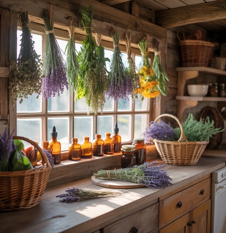 a kitchen counter top with bottles of wine and bottles of wine