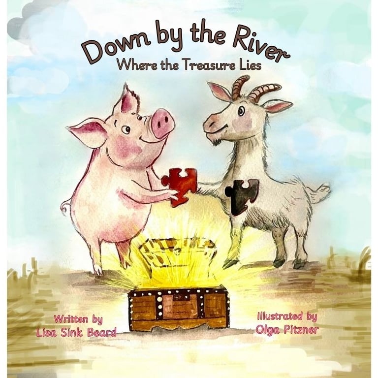 Children's book cover for Down by the River featuring a pig and goat holding puzzle pieces over a treasure chest.