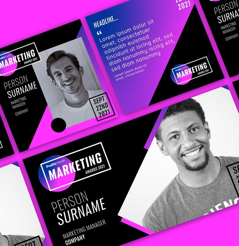 a series of social card templates with a purple background for Prolific North Awards Campaign
