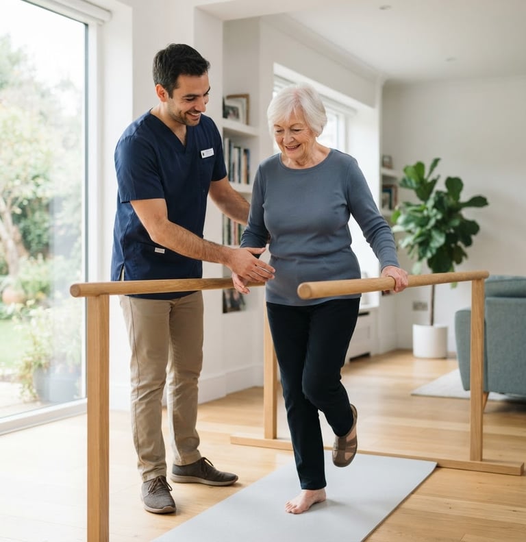 Dr. Hugo Martins assisting an elderly patient with gentle balance training in a bright, modern home environment, soft natural daylight, shallow depth of field, clean clinical photography, slate blue and white tones.
