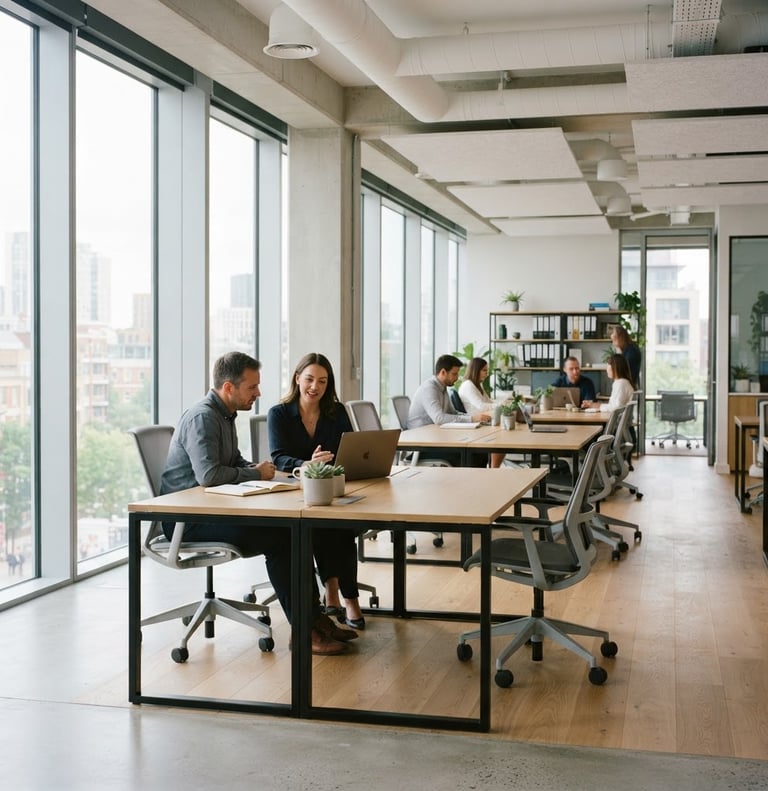 Bright architectural photography of a modern real estate office, soft natural daylight diffusing through large windows, clean geometric workspace composition, 35mm lens