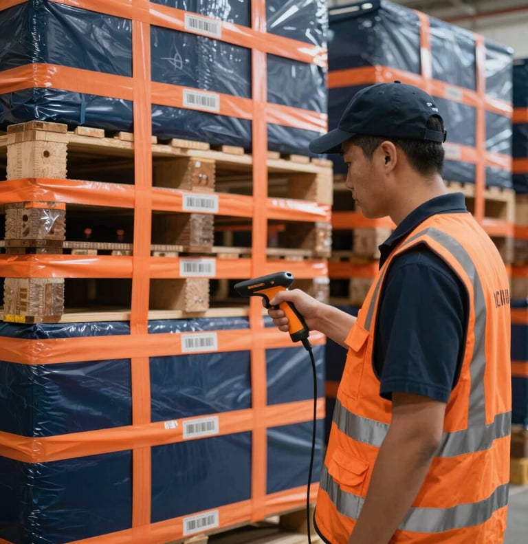 Bright warehouse daylight, neatly stacked pallets with safety orange straps, barcode scanning operation, sharp focus, 35mm