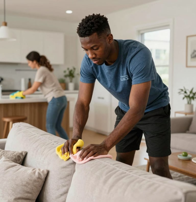 A friendly cleaner in uniform smiling while tidying a bright, cozy living room.