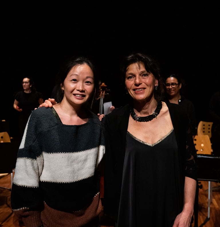 Victoire Yau with Corinne Lacour after Le Triptik concert, Acigné, with Octuor Celleizh, March 2025