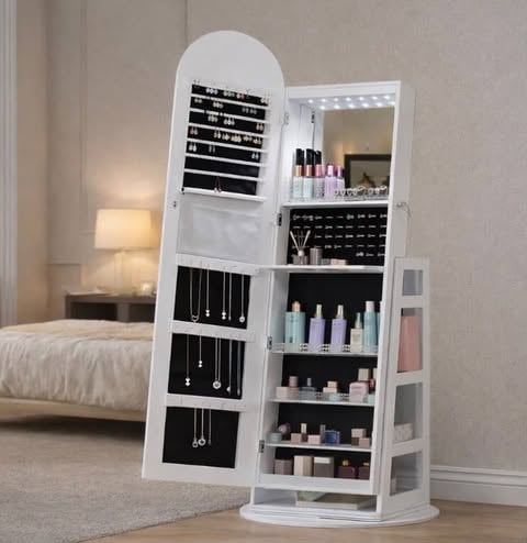 Full-length mirror jewelry cabinet with shelves and LED lights