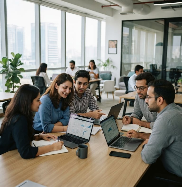 Modern, bright office interior in Gurugram, collaborative team session around laptops, clean desks, professional tones, shallow depth of field, 35mm