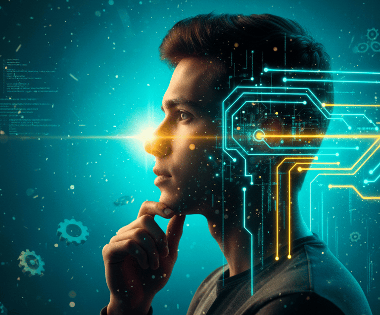 A man looking forward with digital circuit overlays representing artificial intelligence and human neural networks.