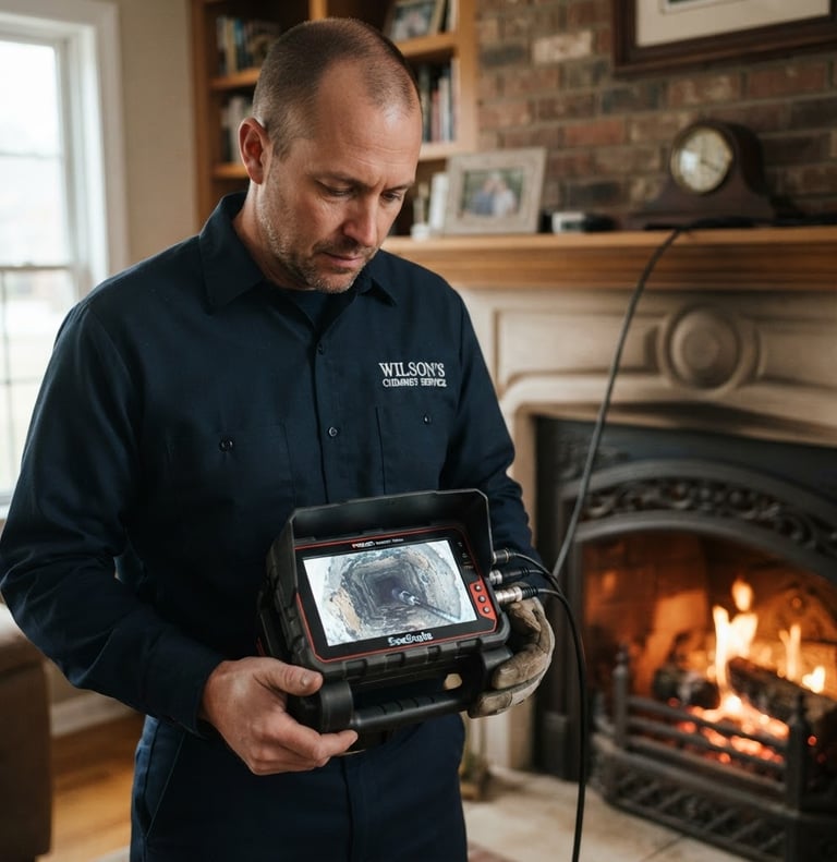 Close-up of a chimney sweep technician in a clean uniform holding a high-definition video inspection camera, screen showing a clear flue interior, natural overcast daylight, warm ambient hearth-light in background.