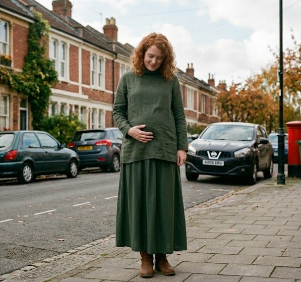Pregnant woman stands in a UK street.