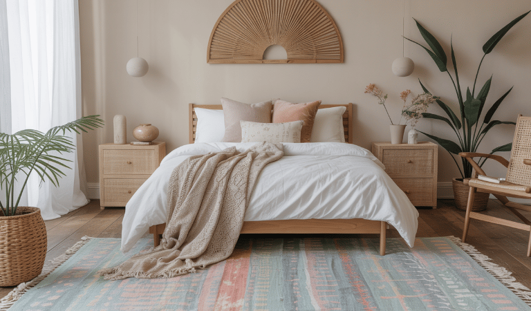 Neutral Bedroom With Pastel Rug Accent