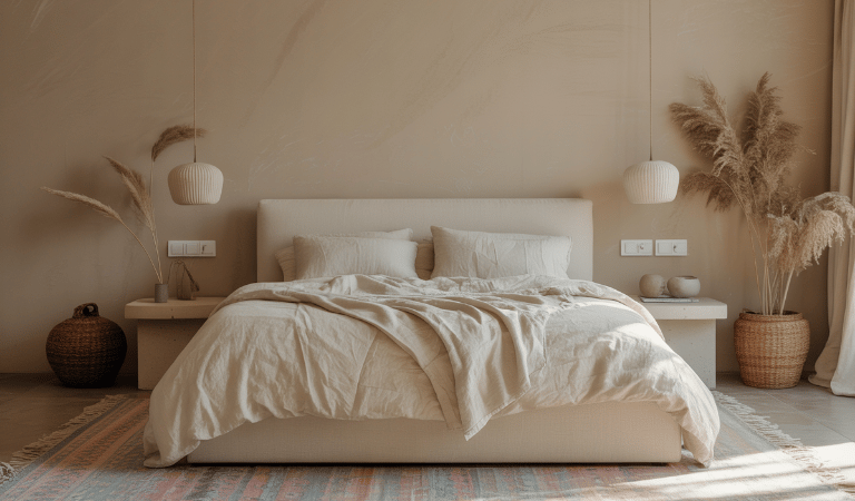 Neutral Bedroom With Pastel Rug Accent