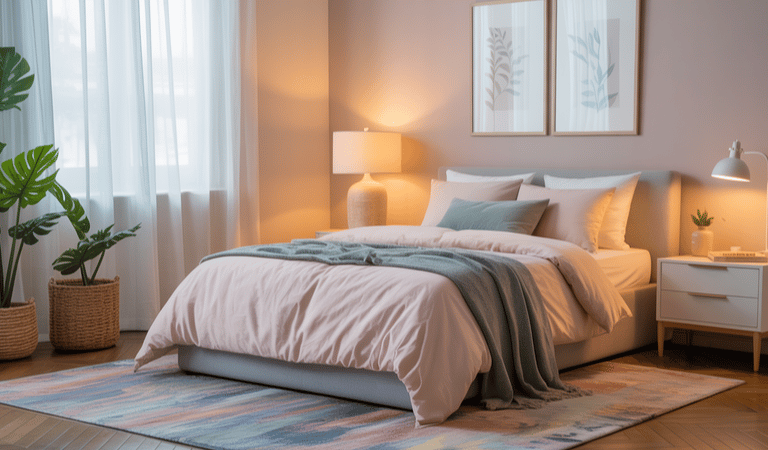 A peaceful bedroom morning scene with soft lighting, a pastel rug beneath the bed, and uncluttered d