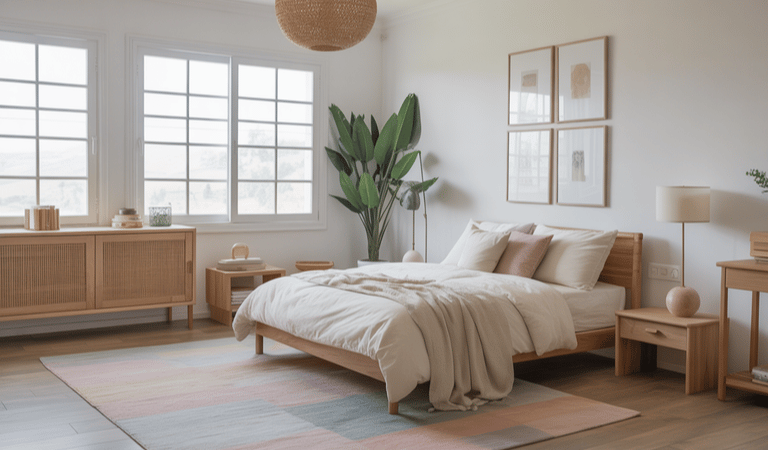 A bedroom scene showing natural light reflecting off a light pastel.