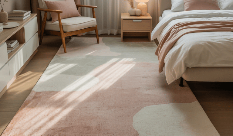 A bedroom scene showing natural light reflecting off a light pastel.