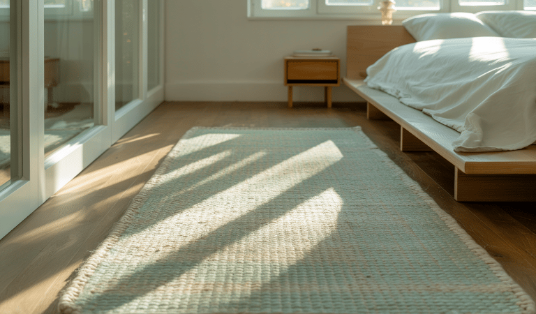 A serene bedroom interior bathed in soft natural sunlight streaming through large windows. 