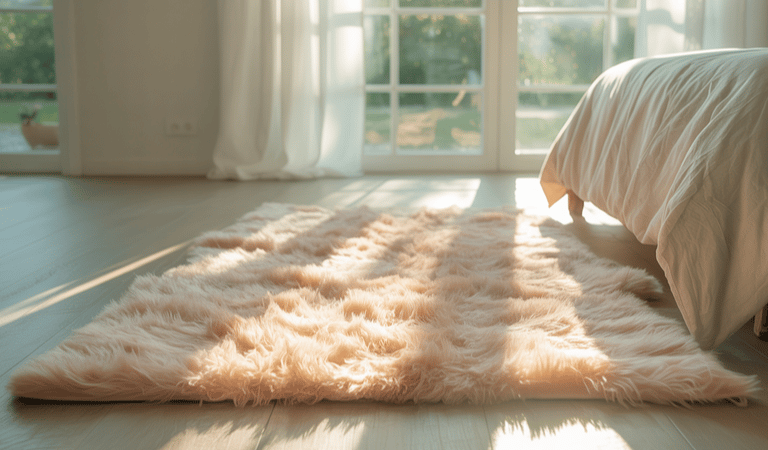 A serene bedroom interior bathed in soft natural sunlight streaming through large windows. 