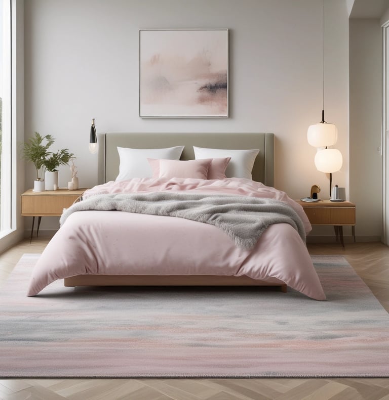 Modern minimalist bedroom featuring a pink duvet, neutral area rug, and sleek wooden nightstands.
