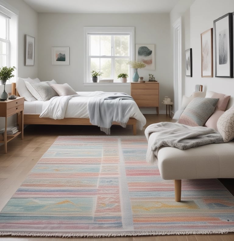Modern bedroom featuring a colorful pastel area rug on hardwood floors with light wood furniture.