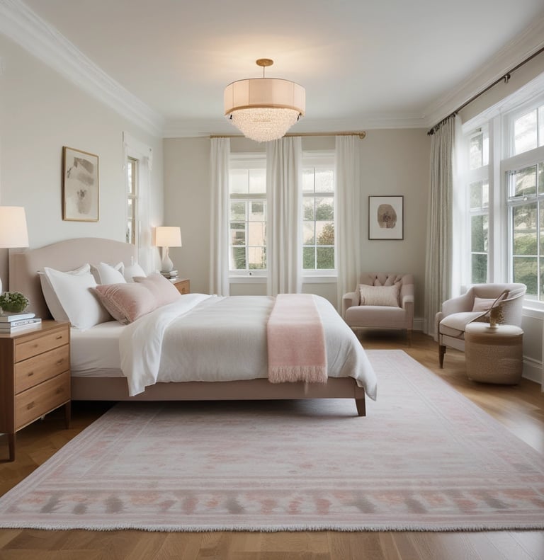 Elegant master bedroom featuring a neutral upholstered bed, pink accents, and a crystal chandelier.