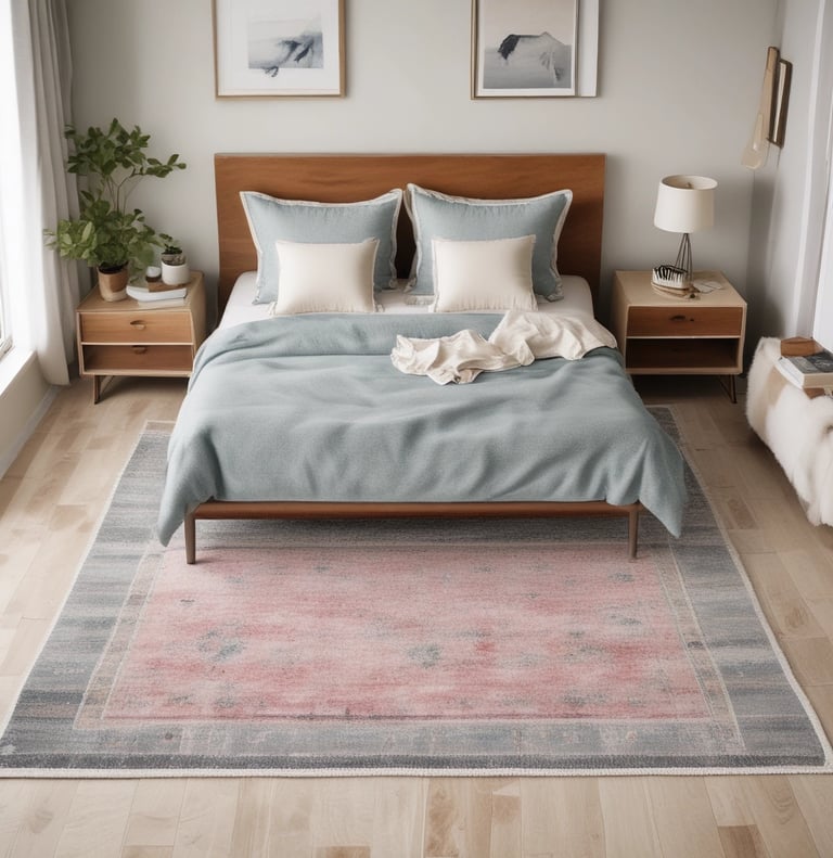 Modern bedroom with a pink and grey area rug under a wooden bed frame and blue bedding.