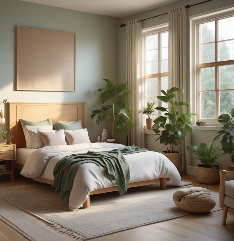 Modern minimalist bedroom decor featuring a wooden bed frame, neutral linens, and lush green indoor plants.